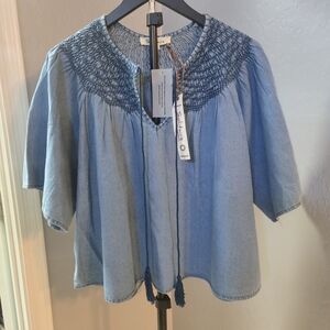 Solitaire Chambray Smocked Blouse NWT Size Small Boho Tassel Tie 100% Cotton